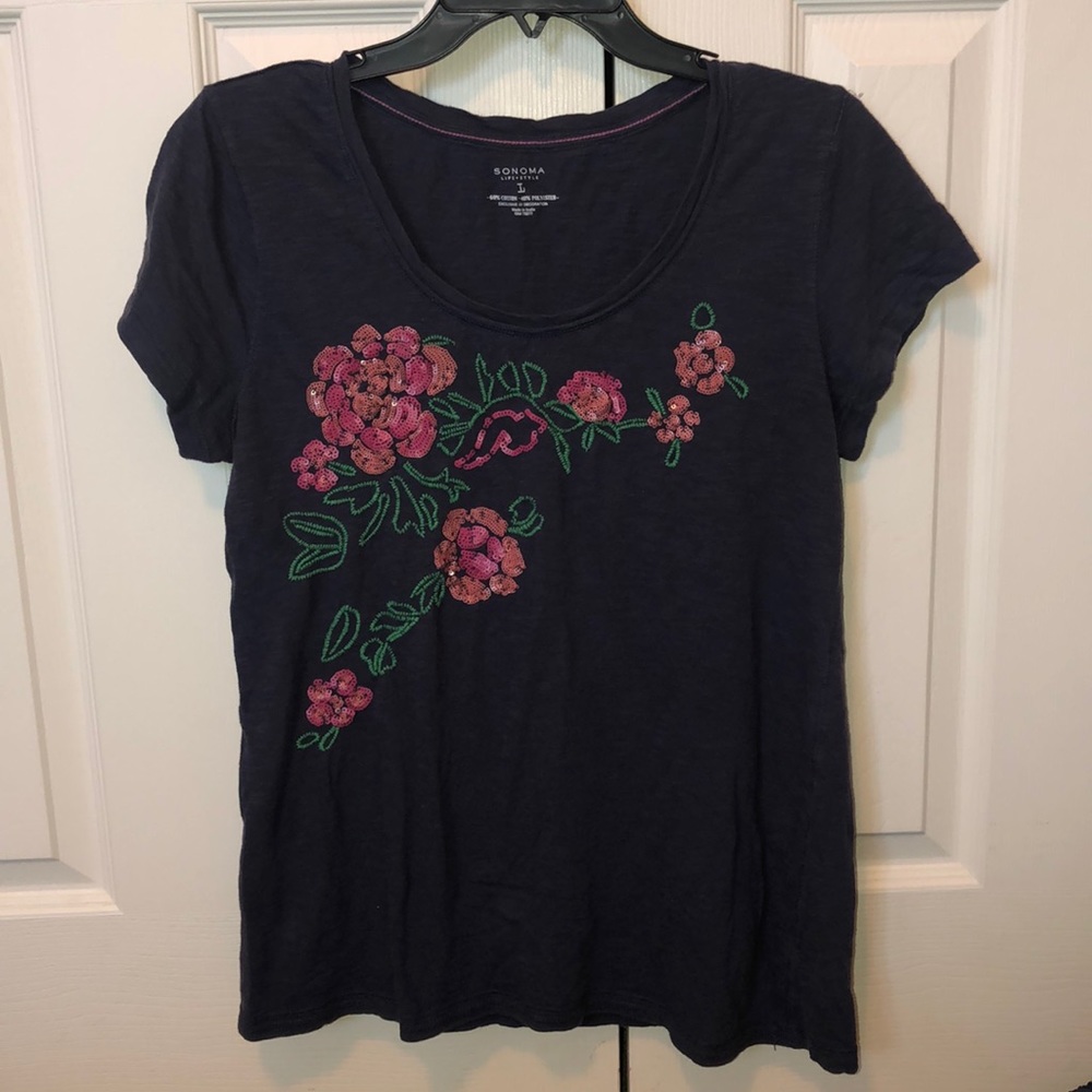COPY - Sonoma large navy shirt sequin embellished flowers